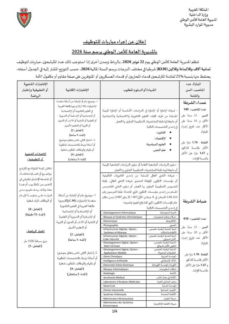 المديرية العامة للأمن الوطني: مباريات توظيف 8330 شرطيا في مختلف الدرجات. آخر أجل هو 23 شتنبر 2026 المديرية العامة للأمن الوطني: مباريات توظيف 8330 شرطيا في مختلف الدرجات. آخر أجل هو 23 شتنبر 2026